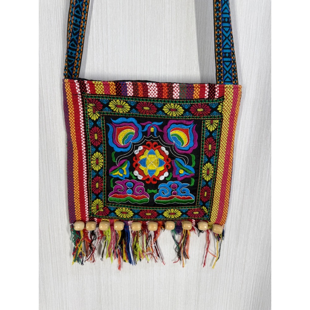 Handmade Hmong Embroidered Crossbody Bag Floral Boho Fringe Wood Bead Colorful